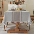 Waterproof linen-textured gray and brown striped tablecloth with white tassels - 90*90cm / Beige Coffee (Waterproof Elegant)