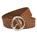 Braided PU leather wide belt in brown color with a textured golden round metal buckle - Camel