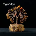 Tiger Eye stone money tree ornament with golden copper wire on a natural raw stone base - Tiger Eye Raw Stone Base Tree