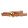Minimalist brown leather waist belt with a round golden buckle for women's dresses - Camel