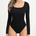 Seamless black square neck long sleeve bodysuit with ribbed high-stretch fitness fabric - S / Black