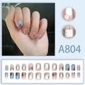 Short blue and brown gradient press-on nails with silver metallic texture A804 - Blue Brown Smudge Silver Wire Style (A804 Glue Model)