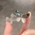 Sparkling double butterfly brooch featuring grey crystal, white opal and silver rhinestones - Gray Butterfly