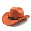 Detail of orange suede cowboy hat with brown leather band and metallic bull head emblem - M (56-59cm) / Orange Suede