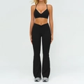 Completo yoga nero da donna con pantaloni a zampa a vita a V e reggiseno sportivo - Taglia S / Top E Pantaloni / Reggiseno + Pantaloni a Zampa / Nero premium