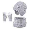 Light gray kids winter set with knitted hat, scarf and gloves featuring cable knit pattern - 3-Piece Set - Two-Tone Grey