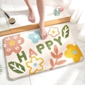 Tappeto da bagno floreale assorbente con scritta Happy in microfibra crema - 40*60cm / Le Cose Buone Accadono - Bianco