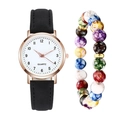 Set orologio al quarzo luminoso con cinturino in pelle opaca e braccialetto di perline - Nero + Bracciale