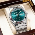 Silver stainless steel men's watch featuring a green dial and double calendar display - Silver Band Green Dial (EU Standard + Butterfly Clasp)