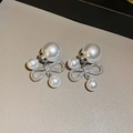 Macro view of double pearl earrings with sparkling crystal bow link on beige texture - 9# Silver Earring Post-Silver Gold Plated (Bowknot Double Pearl Design)