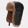Winter bomber hat in black leather and brown faux fur with ear flaps and chin strap - M (56-58cm) / Black
