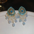 Ethnic gold drop earrings with blue stone starburst and tiered pearl beaded tassels - 40# Silver Post Rhinestone Vintage Waterdrop Pearl Tassel Earrings