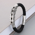 Men's black braided leather bracelet with stainless steel bike chain accents and magnetic clasp - 19cm / Style A Steel Color