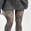 Black floral lace fishnet tights with intricate cutout pattern and mesh texture - One Size / Light Gray
