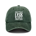 Distressed washed cotton dad hat in dark green with 'I Fix Stuff' printed text design - Adjustable / Army Green (I FIX)