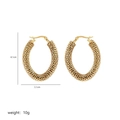 Detail of gold oval hoop earrings with woven texture and 4.1cm by 3.1cm dimensions - Metal Woven Oval V Style