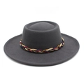 Close-up of dark grey wool felt fedora with vintage four-color woven decorative band - M (56-58cm) / Dark Gray