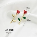 Detail of red rose and green leaf alloy pendants with 11x40mm size measurements - 4413# Red Rose with Green Leaf Long Pendant