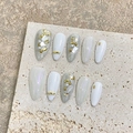 Handmade almond press-on nails with white cat-eye effect, pearls, and gold foil accents - Extra Small (XS) / 1773 Medium Almond (White Moonlight Cat Eye)