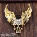Golden winged skull brooch pin with sparkling white rhinestones for Halloween - Antique Gold Winged Skull (XZ25150)