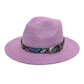 Close-up of lilac straw fedora hat with a colorful snakeskin band and gold buckle - M (56-58cm) / Taro Purple