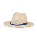 Dettaglio cappello di paglia beige con nodo in corda blu e tesa ondulata rifinita - M (56-58cm) / Beige