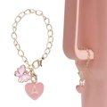 Chaîne pour gobelet Stanley avec papillon rose et breloque cœur lettre A dorée - Lettres de Cœur / Papillon Rose Cœur Lettre A (Or Rose)