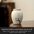 Mini ceramic tea canister with embossed panda pattern and wood lid, 220ml capacity - Straw Ash Relief Panda - Hanhan 1