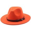Detail of orange wool fedora with black leather band and silver flower ornament - M (56-58cm) / Orange