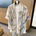 Beige cotton linen square scarf with equestrian bridle and chain pattern for women - 130*130cm / Beige Harness Pattern (MZF-090)