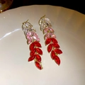 Pink and red crystal flower tassel drop earrings with golden metal finish and leaf motifs - Silver Earring Post - Rhinestone Leaf Tassel Studs (14#)