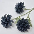 Detail view of 3-head dark blue artificial chrysanthemum ball with green textured leaves - Fog Blue