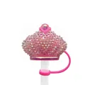 Pink crown straw topper with colorful rhinestones for 10mm drinking straws - Pink Studded Crown