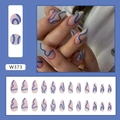 Matte almond press-on nails set featuring nude base with light blue wave patterns - W373 Blue Ribbon (Glue Type)