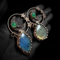 Vintage gothic moon star pendant with labradorite stone and green chalcedony inlay - Vintage Labradorite Moon Star Pendant