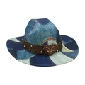 Blue denim patchwork cowboy hat featuring heart buckle and rhinestone belt trim - One Size / Royal Blue [Heart Rhinestone Buckle]