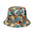 Tropical fruit pattern bucket hat with yellow leaves and blue flowers for sun protection - Yellow and Blue Floral Cluster Tropical Print (V)