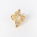 Detail of gold-plated open ring with hollow flower design, zircons and white faux pearl - Hollow Flower Pearl Style(XJZ28)