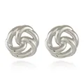 Macro shot of silver knot stud earrings with polished geometric triple loop design - Style 5 Silver