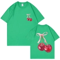 T-shirt en coton vert vif avec imprimé cerise aquarelle et détail nœud rose - Vert foncé