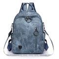 Vintage blue soft leather backpack with large ring zippers and patterned strap - Blue