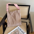 Canvas tote bag with brown stripes and pink pleated handles for summer style - Brown Stripe