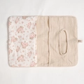 Detailed top view of a quilted cotton baby storage bag with floral print and tissue opening - Big Pink Flower + Solid Color
