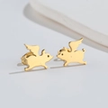 Polished golden stainless steel flying pig earrings with wings on a clean white background - Flying Pig / Gold