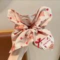 Korean style pink plaid scrunchie with cute bear and cherry pattern for women - Pink Flower Bear Cherry