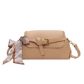 Large beige crossbody bag with lychee texture and heart print silk scarf detail - Apricot