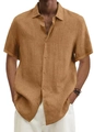 Detalle de la textura natural de algodón y lino y cuello en V con botones para camisa de hombre - 3XL / Tops / Amarillo jengibre