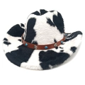 Western cowboy hat with cow print pattern and turquoise gemstone leather band - M (56-58cm) / Creased Flat Top / Black