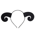 Detail view of black curved devil horns headband for Halloween cosplay on white background - Sheep Horns Style #