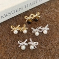 Elegant gold and silver bow stud earrings with tiger eye stone and pearls on plush fabric - 925 Sterling Silver Earring Post - 4 Pairs Set (Bow Series)
